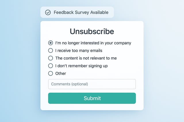 The image depicts a modern digital interface showcasing an unsubscribe feedback survey The background is a soft gradient of light blue and white giving a clean and professional look At the center a rectangular box outlines the survey featuring a seri-2